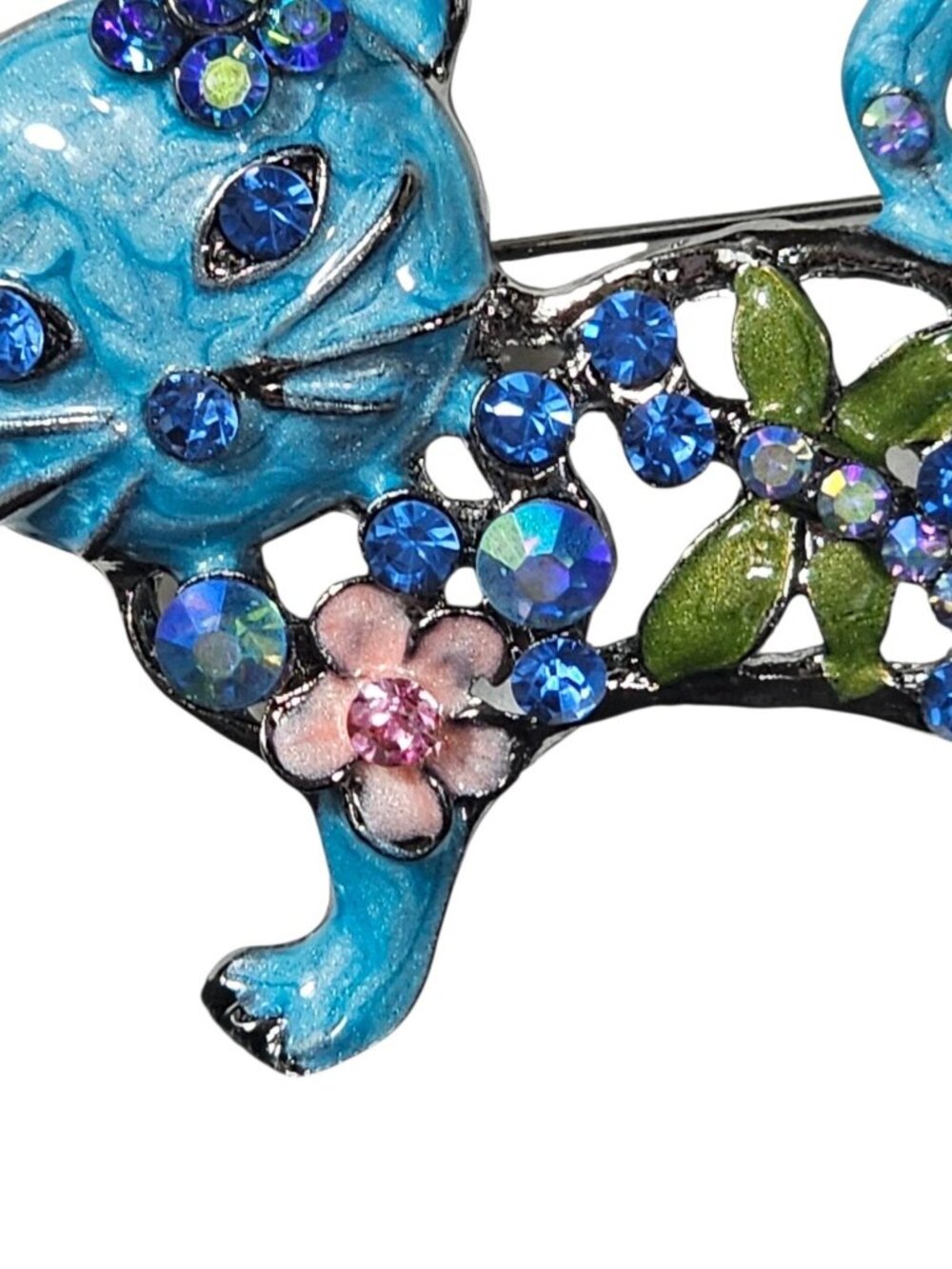 Betsy Johnson BROOCH Pendant PIN 1.9" ANIMAL RHINESTONE ENAMEL BLUE CAT FLOWER - Picture 6 of 8